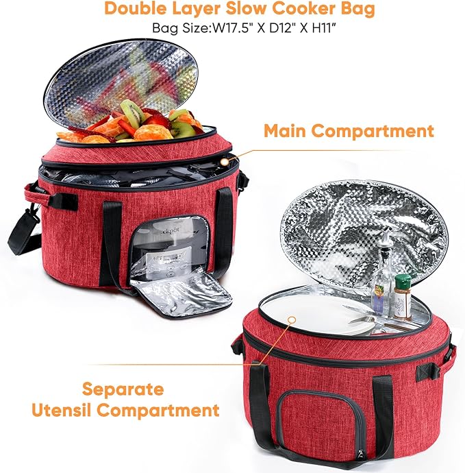 Double-Layer Slow Cooker Carrying Bag for 6-8 Quart CrockPot and Hamlton Beach Slowcooker, Travel Bag with Lid Fastener for Crock-pot, Portable Carrier with See-thought Window(BAG ONLY)