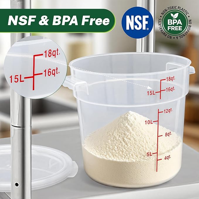 Round Food Storage Container with Lid竊?8 Qt Translucent竊?Commercial 4 Pack of ??NSF Listed, BPA-Free, Polypropylene, Non-Stick竊?Scale, with Labels & Measuring Cups