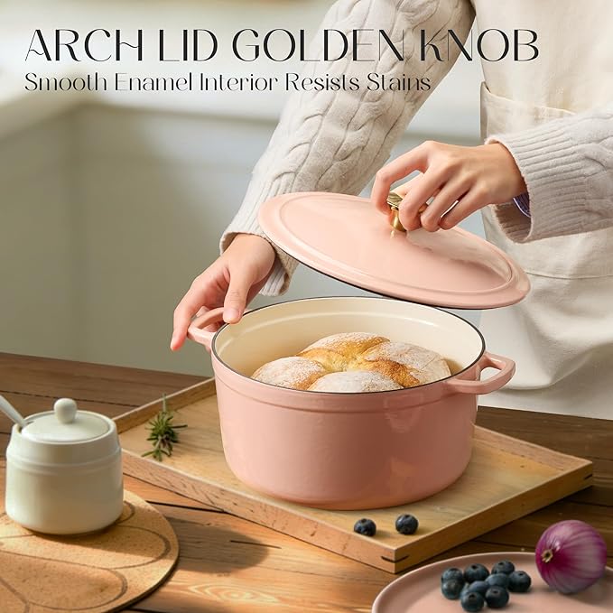 CAROTE 5QT Enameled Cast Iron Dutch Oven Pot with Lid, Heavy-Duty Dutch Ovens for Sourdough Bread Baking, Braising, Roasting, Dual Handles, Healthy & Non-Toxic, All Stovetop Compatible, Oven Safe up to 500째 F, Macaron Pink