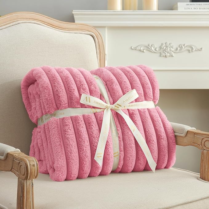 Am챕lie Home Faux Fur Throw Blanket for Couch, Cozy Fuzzy Fluffy Fur Luxurious Soft Striped Plush Gift Blankets for Family Sofa Chair Bedroom, 55"x70", Pink
