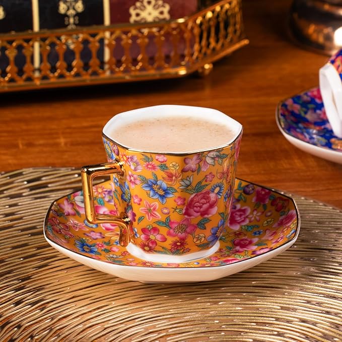 KAMMAK Tea Cups and Saucers Set of 2, Porcelain Coffee Cup with Saucer for Espresso, Cappuccino, 4.5oz Vintage Yellow and Blue Ceramic Novelty Mug for Home, Tea Party, Office