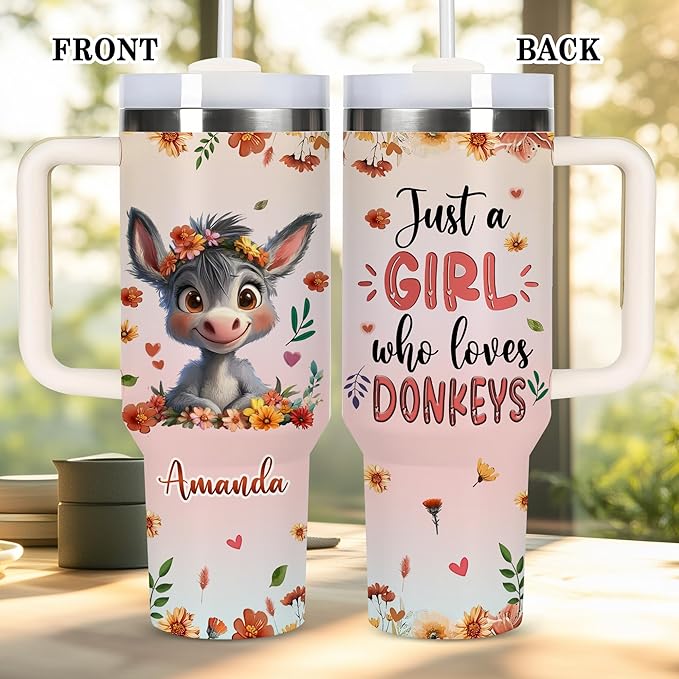 AGGLOMEKC Personalized Cute Donkey Cup - Mother's Day Birthday Gift For Animal Lovers - Just A Girl Who Loves Donkey Tumbler 40oz With Custom Name - Pet Lover Gifts For Women, Her