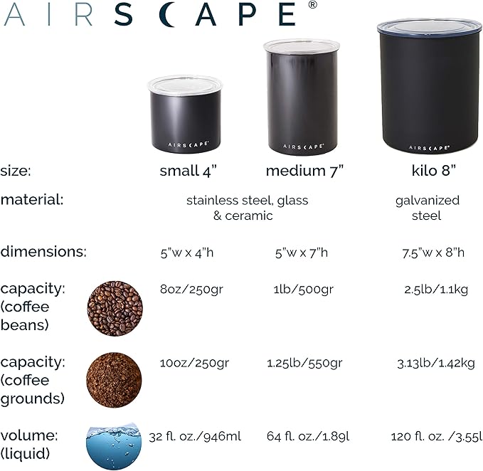 Planetary Design Airscape짰 Stainless Steel Coffee Canister | Food Storage Container | US Patented Inner Plunger Lid REMOVES Excess Oxygen | Don't Buy airtight, Buy AIR-Less | (Medium, Matte White)