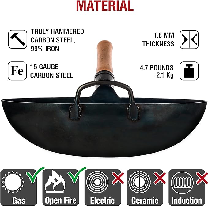 YOSUKATA 14??Round Bottom Carbon Steel Wok Pan ??Blue Pre-Seasoned Pow Wok for Stir Fry, BBQ & Camping ??Traditional Japanese & Chinese Cookware ??Compatible with Gas Stoves & Open Fire Only