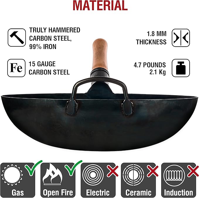 YOSUKATA Blue Round Bottom Wok Pan ??14" Woks and Stir Fry Pans With Pre-Seasoned Wok Utensils Set - Blue Carbon Steel 17-inch Wok Spatula, Wok Ladle, 3 pairs of Chopsticks
