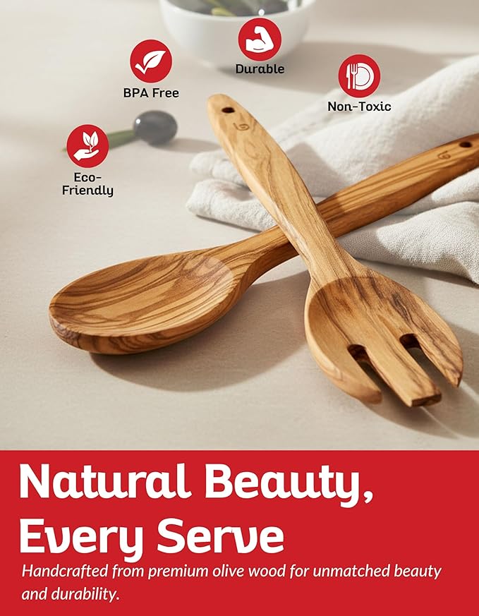 Olive Wood Utensil Set of 2 PCS ??Handcrafted Wooden Spoon & Spatula ??Natural Eco-Friendly Cooking Utensils, Nonstick Safe, Durable Kitchen Tools