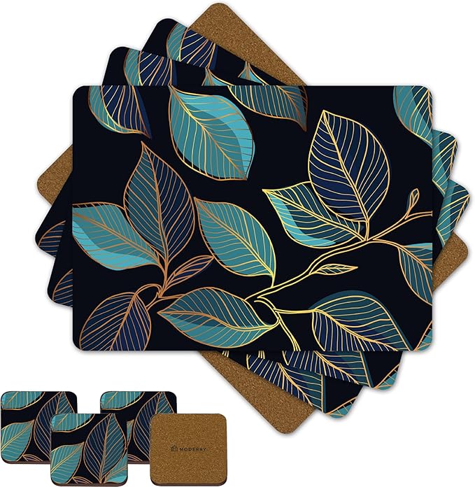Moderry Set of 4 Heat Resistant Cork Placemats for Dining Table with Free Set of 4 Matching Drink Coasters Sage Green Marble Design 16 x 12 Inches Cork Backed Hard Placemats (Blue Gold Botanical)