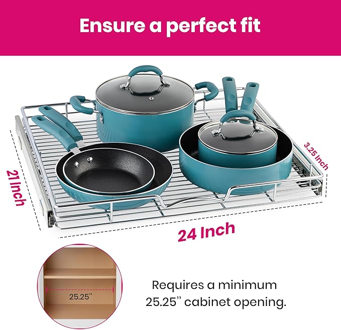 HOLDN??STORAGE Pull Out Cabinet Organizer, Heavy Duty Caddy w/Lifetime Limited Warranty -24?쓂 x 21?쒭 - Requires At Least 25-1/4??Cabinet Opening, Steel Metal Cabinet Drawers Slide Out, Chrome