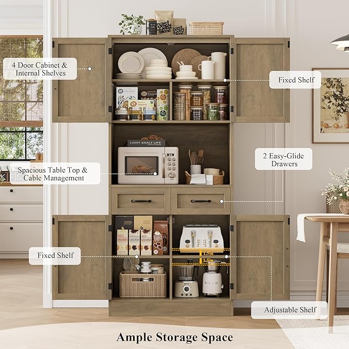 HOSTACK 71??Tall Kitchen Pantry Storage Cabinet, Modern Kitchen Hutch Bar Cabinet with Microwave Stand, Wood Buffet Sideboard with Hutch, Cupboard with Drawers, Shelves for Dining Room, Rustic Brown