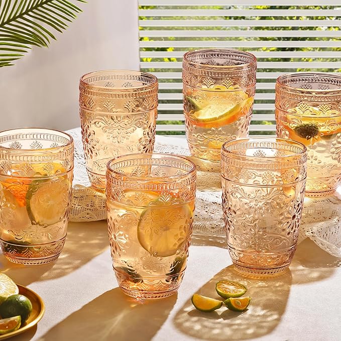 abrwyy Amber Glassware set of 6, Amber Drinking Glasses, Vintage Drinking Glasses, 14oz Colored Old Fashioned Glass Cups, Highball Glasses Set for Home Party Wedding