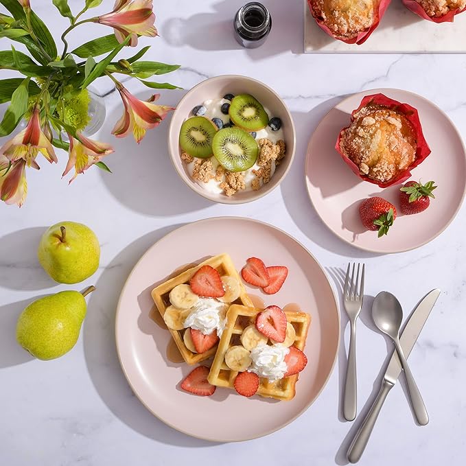 Gibson Home Rockaway 12-Piece Round Stoneware Dinnerware Set, Service for 4 ??Pink Plates and Bowls, Modern Matte Finish, Microwave & Dishwasher Safe