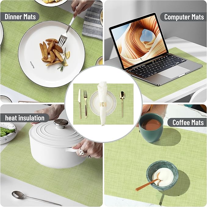 Set of 8 Green Placemats - Durable, Heat Resistant, Non-Slip, Washable PVC Vinyl Woven Table Mats for Dining Table - 12 x 17 Inch