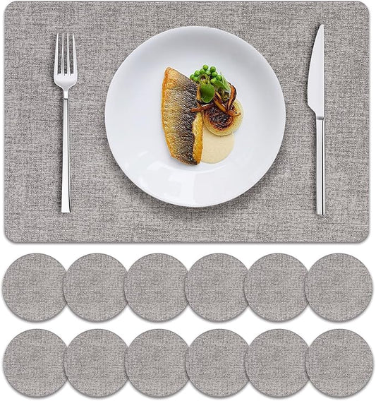 MOSAYT Faux Leather Placemats Set of 12-12 x 18 Inch - Heat Resistant Vinyl Place Mats with Coasters, Wipeable Washable Waterproof Oil Proof Table Mats for Kitchen Dining Indoor Outdoor, Light Grey