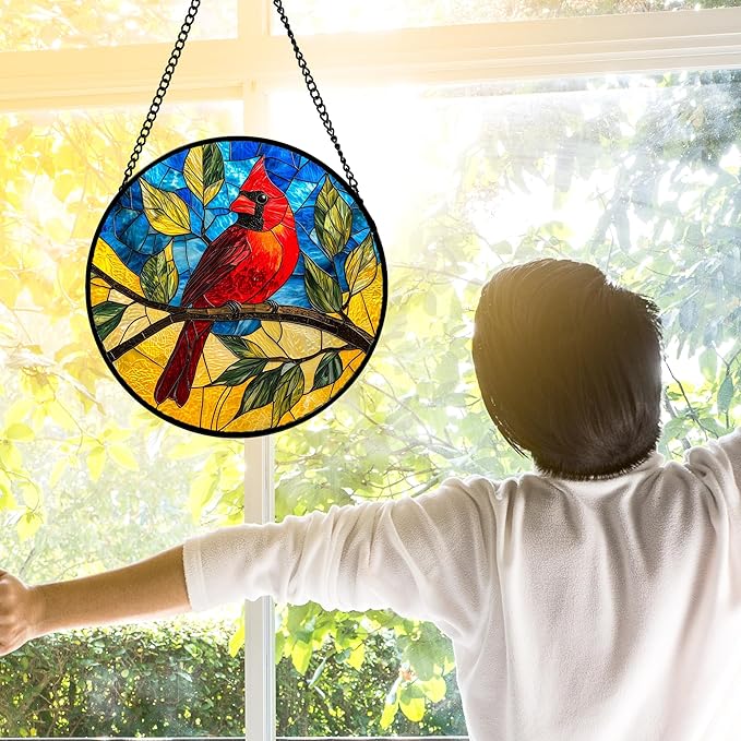 Stained Glass Window Hanging, Blue Sky Cardinal Sun Catchers Colorful Glass Panel Red Birds Suncatcher Decor for Birthday for Women, Men, Wife, Aunt, and Mom 9.8 in