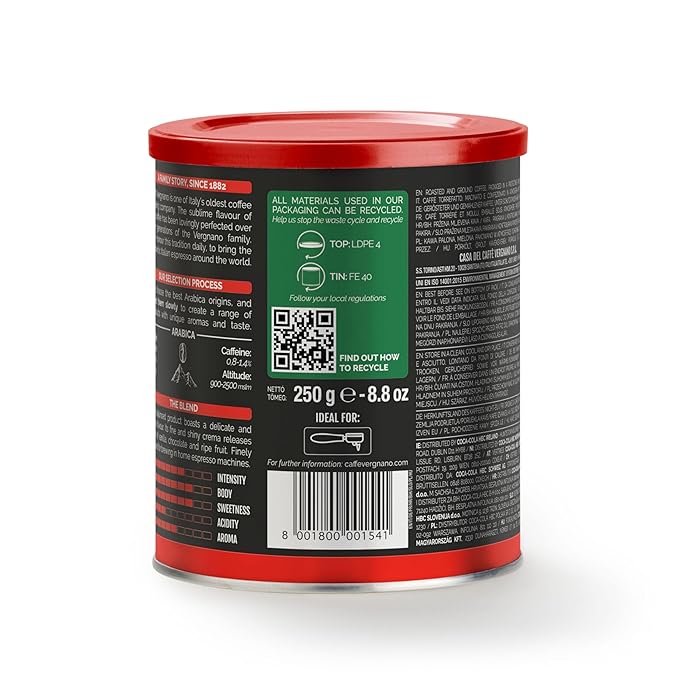 Caff챔 Vergnano Italian Finely Ground 100% Arabica Espresso Coffee ??Intensity 6, Delicate & Subtly Fruity Flavor Blend, Slow Roasted with Notes of Milk Chocolate, Caramel & Nuts, 8.82 oz Tin