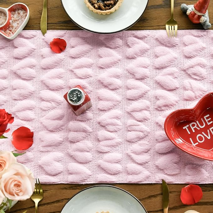 Artoid Mode Pink Soft Plush Faux Fur Jacquard Heart Valentine's Day Table Runner, Seasonal Kitchen Dining Table Decoration for Home Party Decor 13x36 Inch
