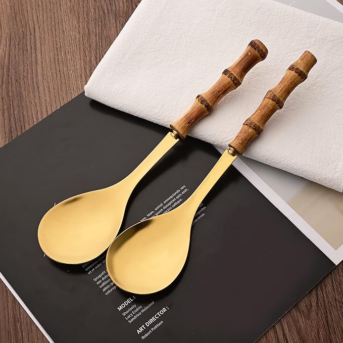 Natural Bamboo Handle Serving Spoons Set of 6, Large Size Stainless Steel Dinner Buffet Catering Banquet Serving Spoons, 10.0" Gold Big Ladle Tablespoons for Home, Family Serving Utensils