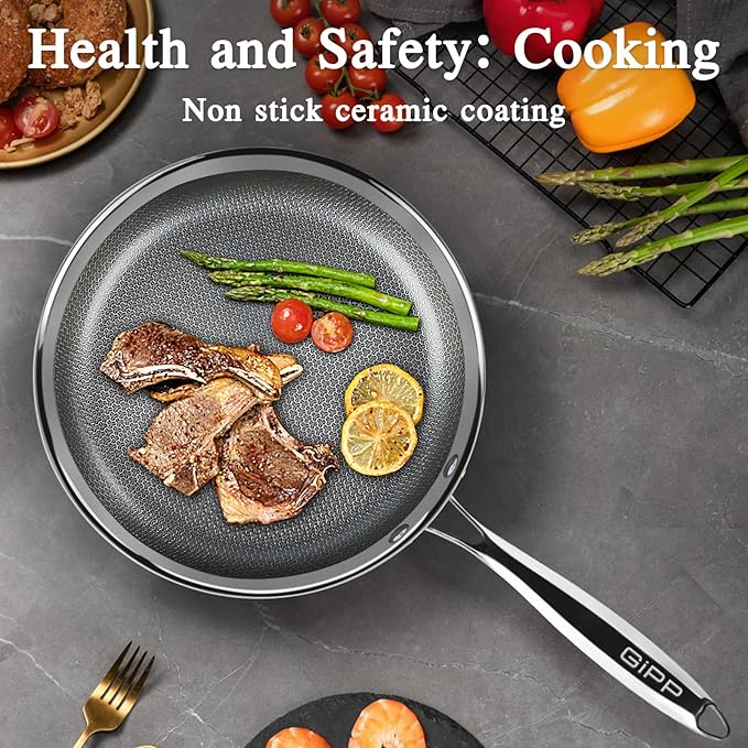 GiPP Tri-Ply Stainless Steel Frying Pan, 10 inch Hybrid Frying Pans Nonstick Skillets, Dishwasher and Oven-Safe, Induction Ready, Compatible with All Cook tops, PFOS/PFOA Free