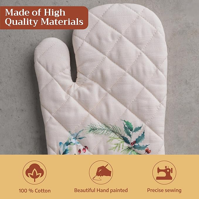 Maison d' Hermine Oven Gloves 100% Cotton Oven Mitt 7" x 13" with Loop Heat Resistant BBQ Cooking Gloves for Thanksgiving Christmas Decorations Baking Handling Hot Pans (Pack of 1, Holly Time)