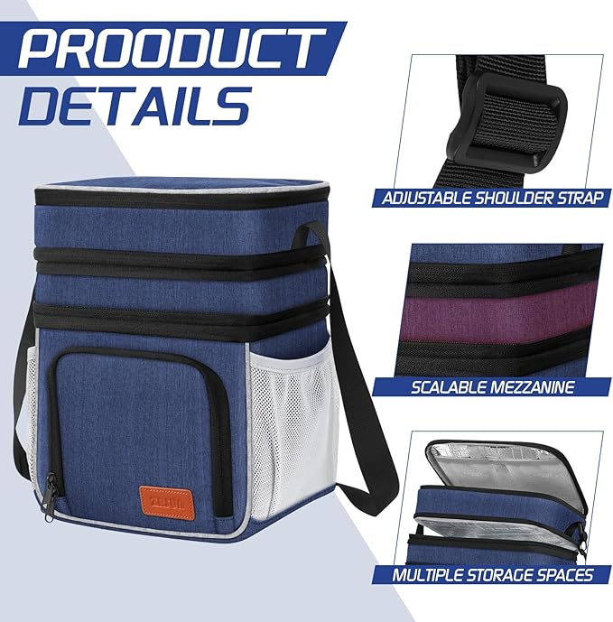 ZRSUN Insulated Lunch Bag for Women Men, Reusable 3 Layers Lunch Box Women, Expandable Reusable Water-resistant Lunch Box for Work Travel Office Picnic Hiking (Navy Blue)