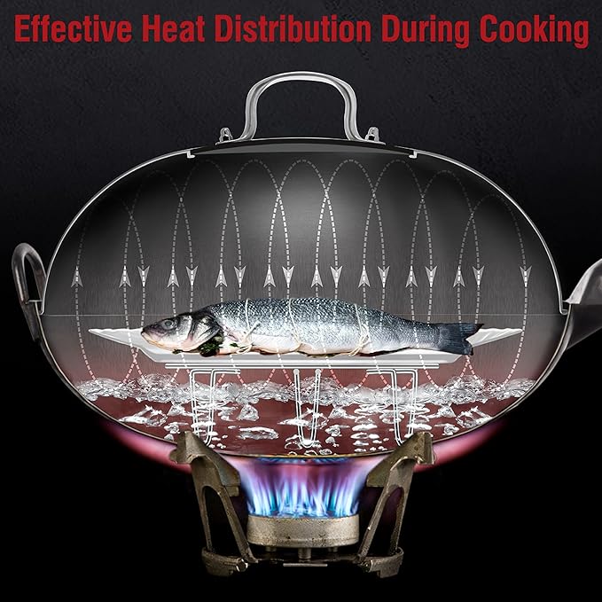YOSUKATA Carbon Steel Wok Pan - 14 ??Woks and Stir Fry Pans With Lid 13.6 Inch - Premium Stainless Cover with Tempered Glass Insert Steam Holes +17?쇺?Spatula and Ladle