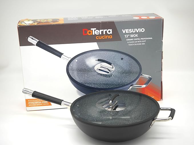 DaTerra Cucina Nonstick 4-Skillet Bundle ??9.5" and 13" Fry Pans, 11" Fry Pan and 13" Wok with Lid, Oven Safe, Ceramic Nonstick Cookware, PTFE & PFOA Free, Made in Italy ??Volcanic Black Speckled