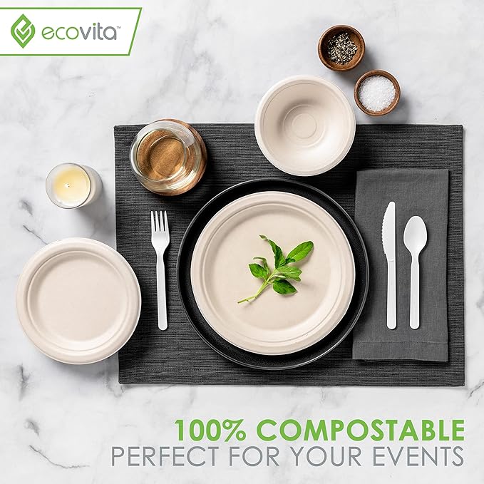 Ecovita 100% Compostable Paper Plates [9 in.] ??150 Disposable Plates Eco Friendly Sturdy Tree Free Liquid and Heat Resistant Alternative to Plastic or Paper Plates