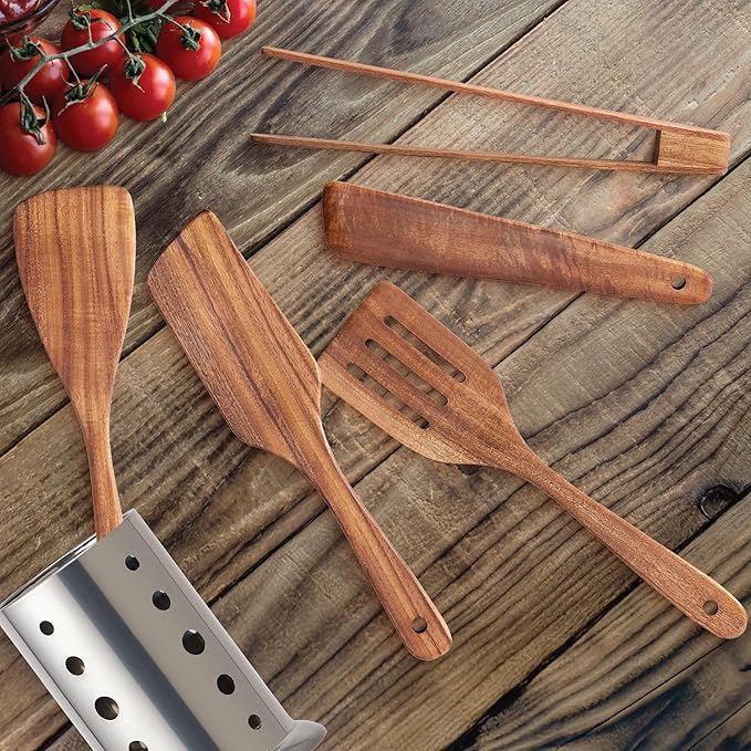 OOZi 6-Piece Acacia Wood Cooking Spatula Set ??Flip, Stir & Serve Effortlessly with Turner, Tongs, Scraper & Stainless Holder