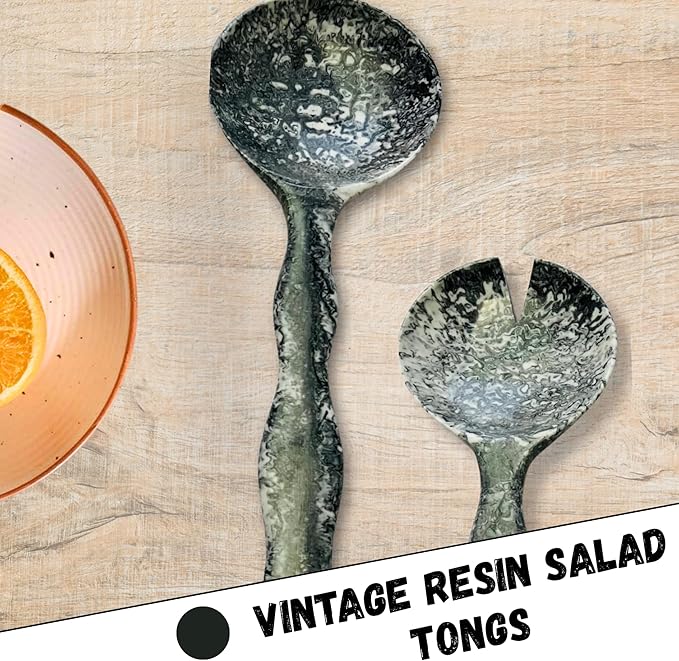 Key Kitchen Essentials: Antique Vintage Resin Salad Tongs with Long Handle, Set of 2, Ideal for Mixing, Tossing, and Cooking. 12" Resin Salad Tongs Perfect for Serving, Salad Hands.