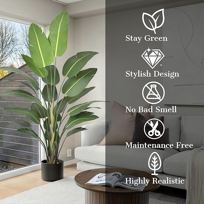 Bird of Paradise Artificial Plant 9FT, 108" Tall Artificial Plants Indoor with 25 Realistic Banana Leaves and Large Trunks, Faux Tropical Trees with Pot for Home Living Room Office Indoor Decor