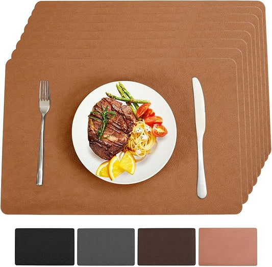 Bxzandya Vinyl Placemats Set of 12 Heat Resistant Easy Clean Non-Slip Place Mats for Dining Table Faux Leather Waterproof Stain Resistant Wipeable Washable PVC Table Mats(12, Light Brown)