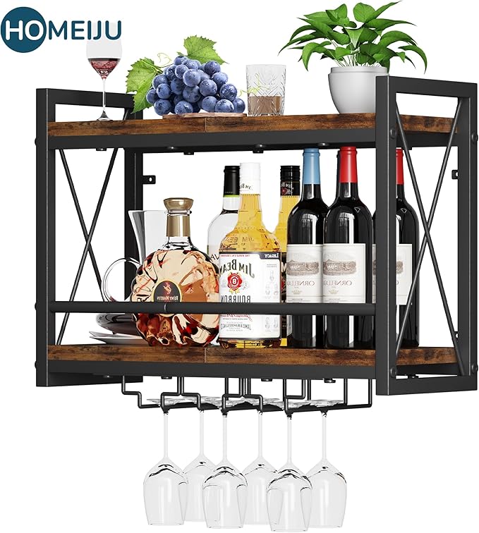 Homeiju Wall Mounted Wine Rack, Bottle & Glass Holder Wood-Metal Retro Wine Rack, Wine Bottles Display Wall Storage for Kitchen Dining Room Home Bar