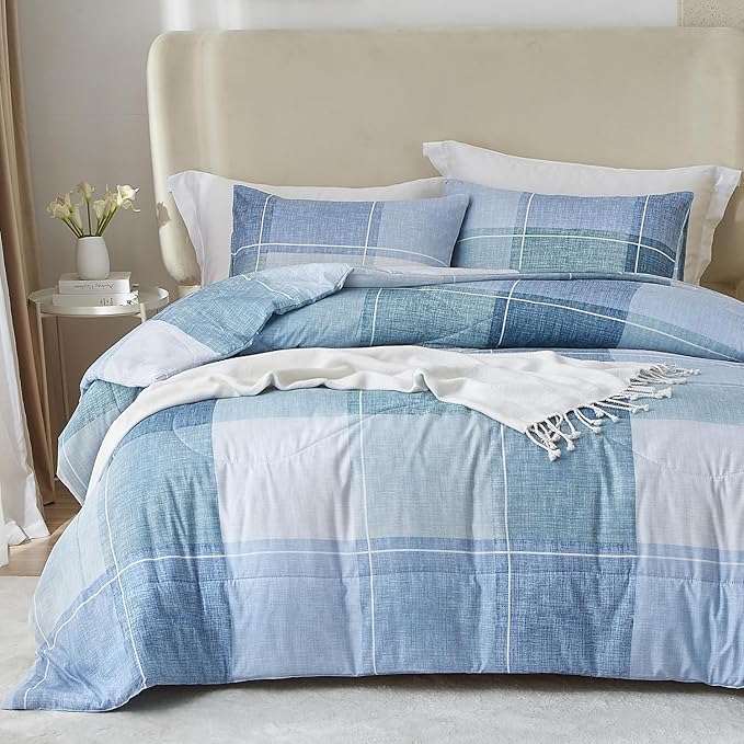 LifeTB Blue Checkered Comforter King Comforter Set Geometric Checkered Plaid Bedding Comforter for Men Boys Fluffy Soft Lightweight Bedding Boho Plaid Comforter Set for All Seasons King Size