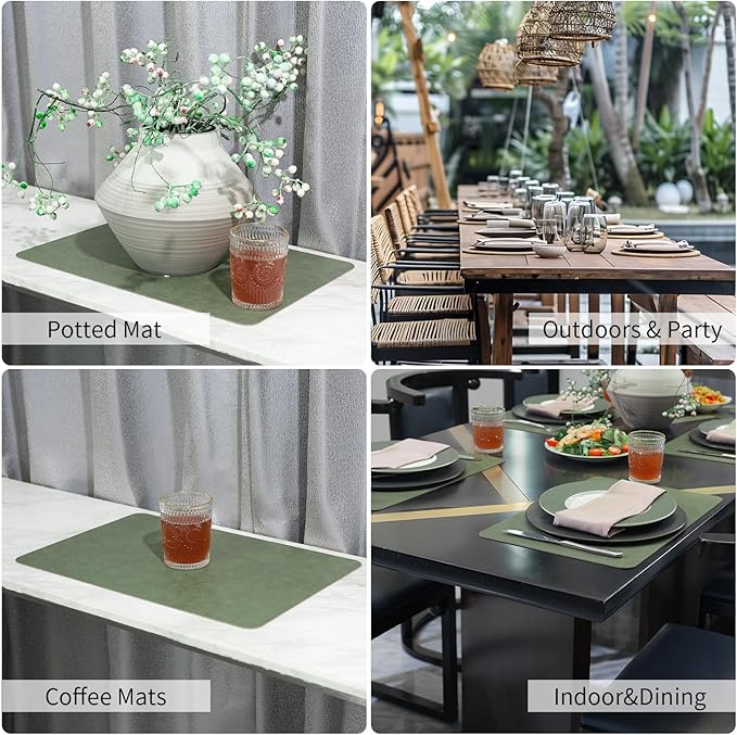 EDanle Cowhide Pattern Faux Leather Placemats Set of 6,Heat Resistant Non-Slip Waterproof Wipeable Washable Kitchen Dining PU Table Place Mats,Double-Sides Available,Green Brown