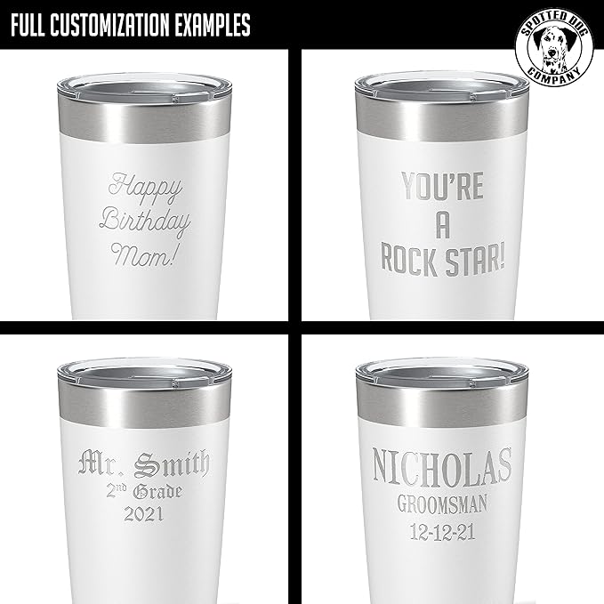 Personalized 20oz (17 Colors) Powder Coated Insulated Stainless Steel Tumbler with Lid, Custom Etched, Customized Text Message Name, Engraved Gift Idea Women Men Him Her, Your Text Here (White)