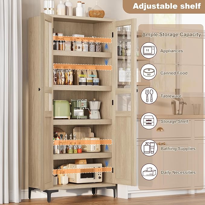 IDEALHOUSE Tall Storage Cabinet with Glass Doors, 71" Height, Adjustable Shelf, Light Oak Wood, Multi-Purpose Organizer for Kitchen Pantry and Bathroom (Natural Wood, 2 Doors with Glass)