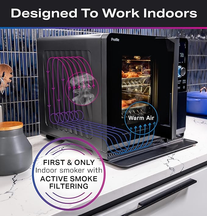 GE Profile??Smart Indoor Pellet Smoker + Accessories Bundle, Includes Four 1lb Bag of Pellets, Pellet Strainer, 20-pack of Drip Pan Liners, and Prep Tray