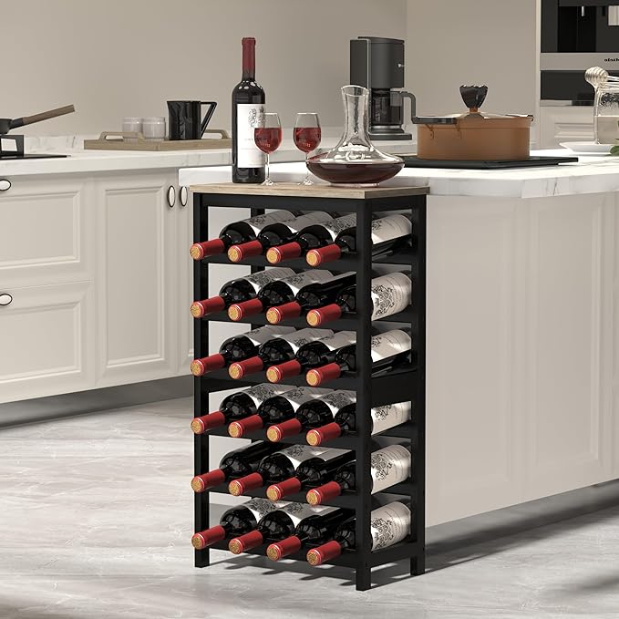 6 Tier Bamboo Wine Rack Freestanding Floor, 24 Bottles Wine Storage Shelves with Table Top, Stackable Wine Display Rack for Kitchen, Bar, Dining Room, Ivory White and Black