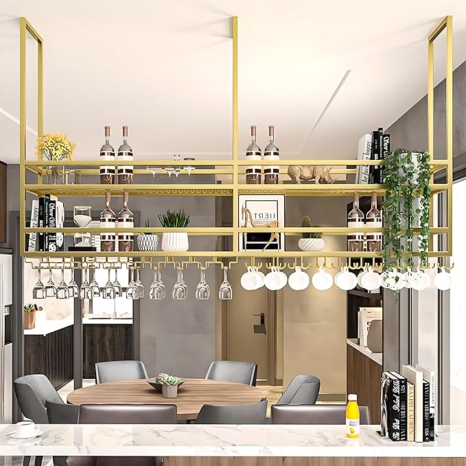 Ceiling Wine Glass Rack, Hanging Wine Display Shelf 2-Tier, Bar Liquor Storage Shelf for Bar Cafe Kitche, Metal Wine Bottle, Goblet Stemware Rack(Gold, 55.11x39.37x11.81in)