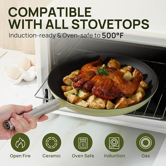 KOKHUB Upgraded 11 Inch Cast Iron Skillet, Titanium Enameled Nonstick Frying Pan, PFOA/PFAS-Free Cooking Pan, Dishwasher & Oven Safe Kitchen Cookware, Compatible with All Cooktops, Sage Green