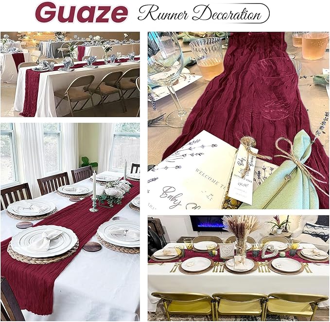 4 Pack Burgundy Cheesecloth Table Runner 20 x 120 inch Gauze Table Runners 10 FT Long,Semi Sheer Boho Cheese Cloth Fabric Table Runner Bulk for Party,Wedding,Baby Shower,Bridal Shower Decoration