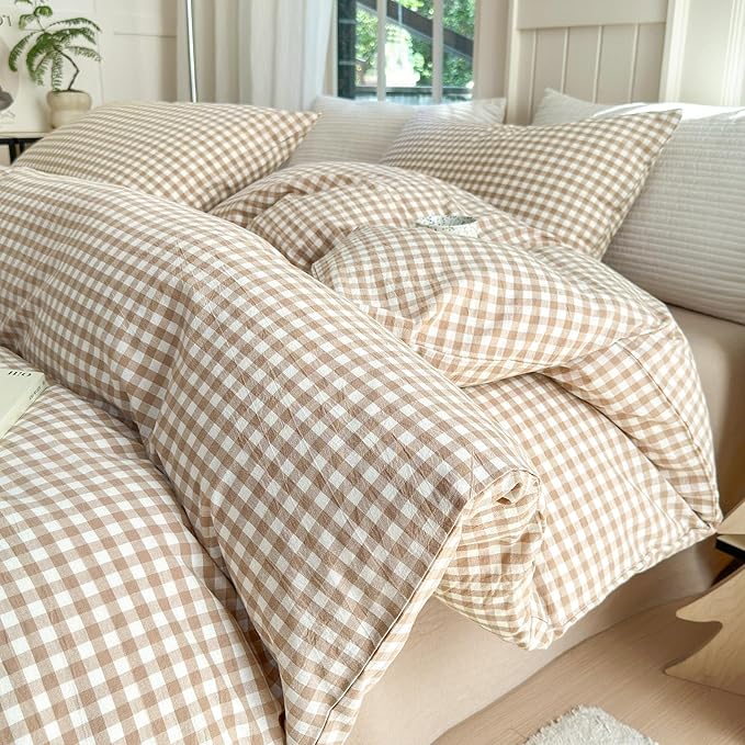 LifeTB Tan Gingham Comforter Set California King 3 Pieces Modern Plaid Comforter Set Beige Grid Comforter with 2 Pillowcases Soft Fluffy Checkered Grid Pattern Gingham Bedding Set for All Seasons