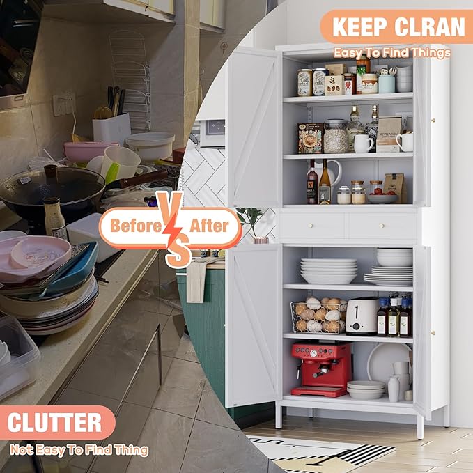 METAN Kitchen Pantry Storage Cabinet with 2 Drawers for Kitchen,Living Room,Metal Storage Cabinets with 4 Adjustable Shelves,Assembly Required,White