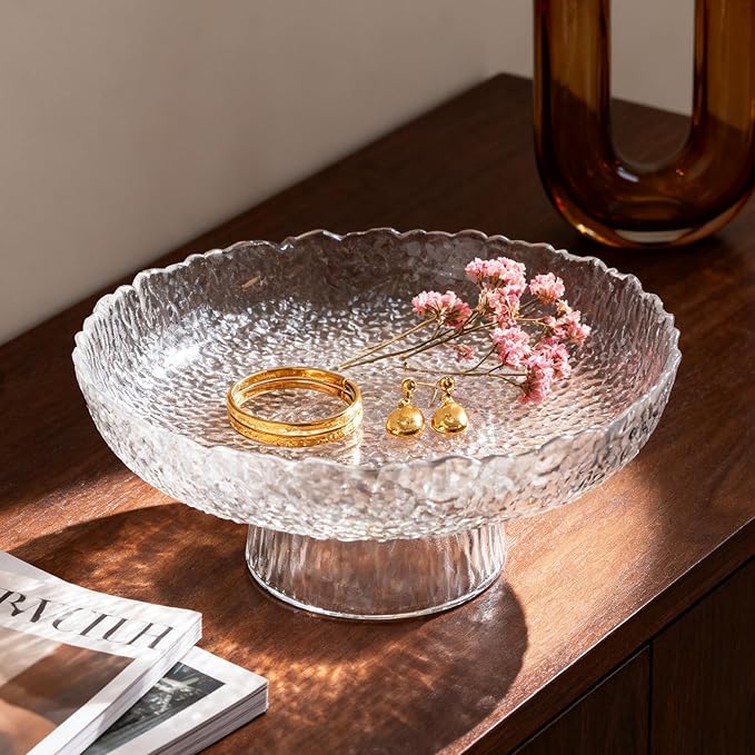 Large Glass Fruit Bowl for Kitchen Counter Decorative Centerpiece Bowl for Table Home D챕co, Clear Hammered