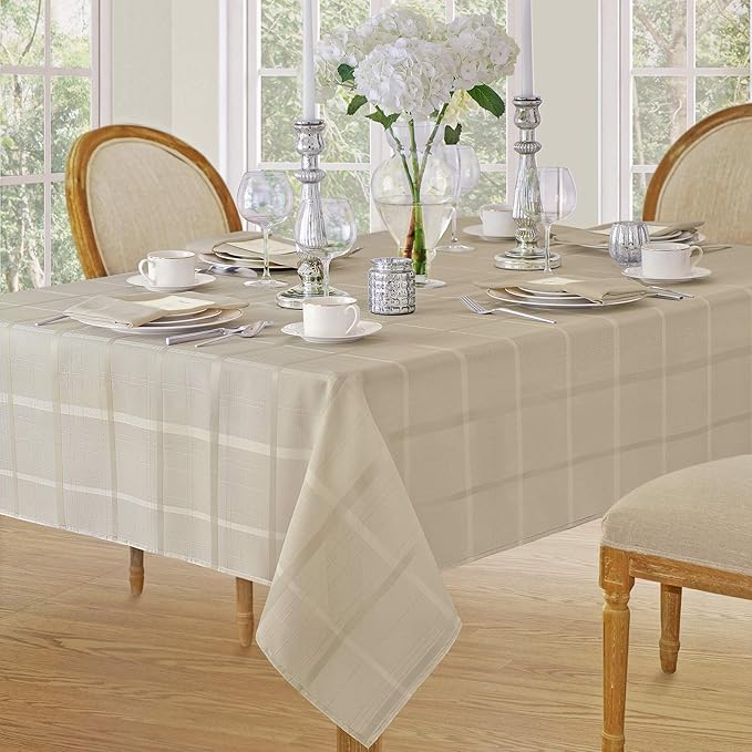 Newbridge 70 Inch Round Fabric Tablecloth, Elegance Plaid, 100% Polyester, No Iron Soil Resistant Dining Room, Party and Banquet Table Cover, Solid Textured, Beige