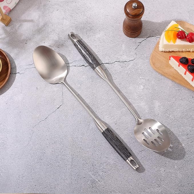 18/10 Stainless Steel Kitchen Utensils Set with Wooden Handle, 8Pcs 15??Long Cooking Utensil Set & Kitchen Gadgets Cookware Set, Serving Utensils-Spatula, Turner, Pasta, Serving Spoon, Skimmer, Ladle