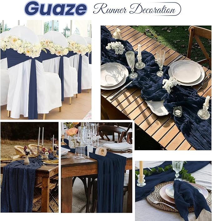 4 Pack Navy Blue Cheesecloth Table Runner 20 x 120 inch Gauze Table Runners 10 FT Long,Semi Sheer Boho Cheese Cloth Fabric Table Runner Bulk for Wedding,Party,Baby Shower,Bridal Shower Decoration