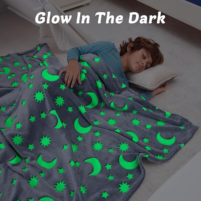 QSTEHEML Moon Glow in The Dark Blanket,Star Gifts Toys for Kids Boy Birthday Christmas Bedroom Decor for Age 3-12 Years Old Toddler Teens Child Grandkids Soft Luminous Blanket 50"횞60"