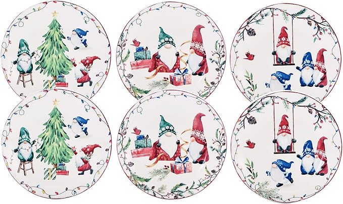 Bico Christmas Gnomes Appetizer Plates Set of 6, 6 Inch Small Ceramic Dessert Plates for Snacks, Salad, Tablescape, Microwave and Dishwasher Safe, Gift for Housewarming and Thanksgiving