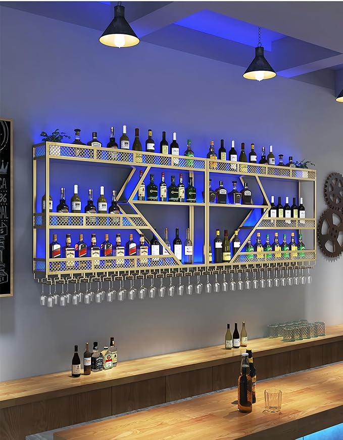 71 Inch Metal Wine Rack Wall Mounted, Modern Bar Shelves Wall Mounted Wine Rack with LED Light, Liquor Shelf Wall Mounted, Bar Shelves for Liquor Bottles (Gold with Warm Led, 71-3 Tier)
